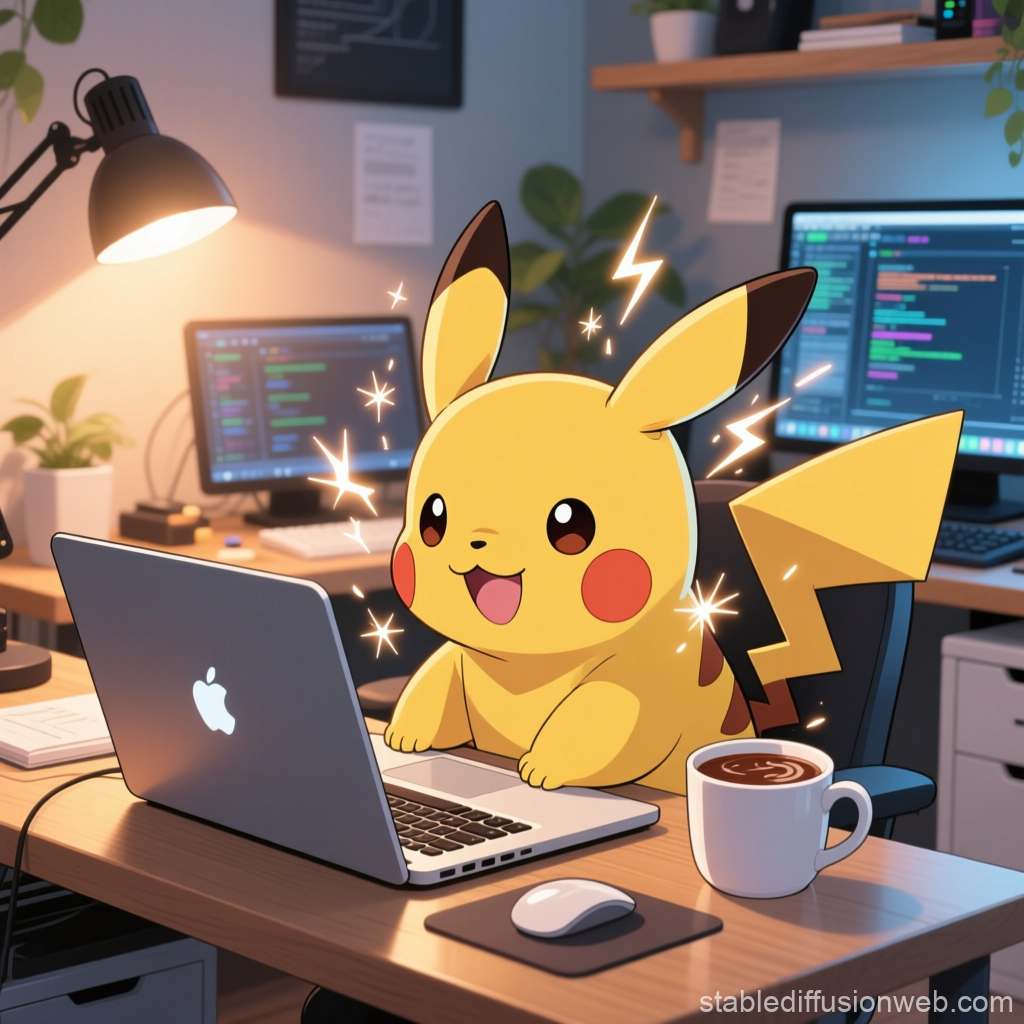 Pikachu Coding Enthusiast in Cozy Workspace