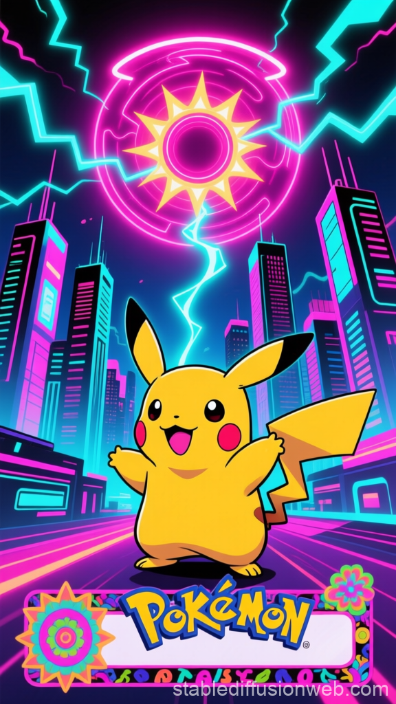 Pikachu in Neon Cyber City with Electric Solar Aura