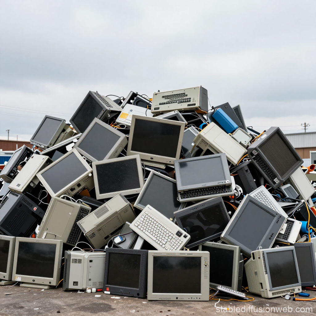 Pile of Old Computer Monitors and Keyboards at E-Waste Recycling Yard