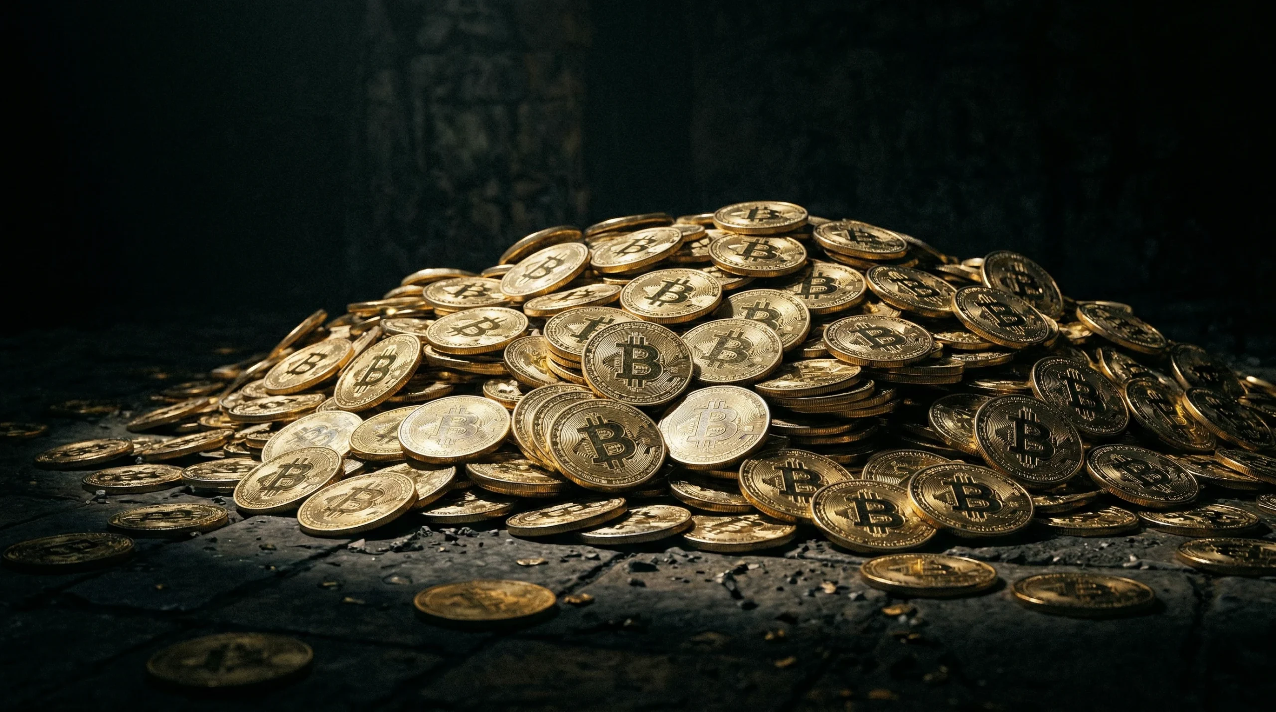 Pile of Shiny Bitcoin Coins on Dark Surface