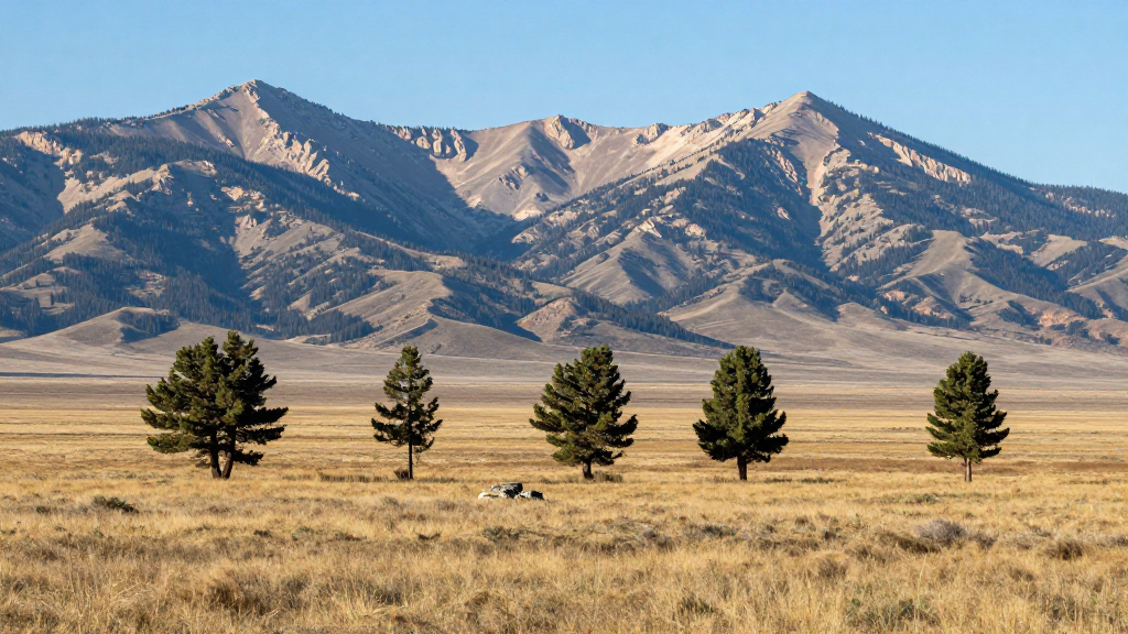 Pine Trees in Open Field with Mountain Range in Bozeman, Montana