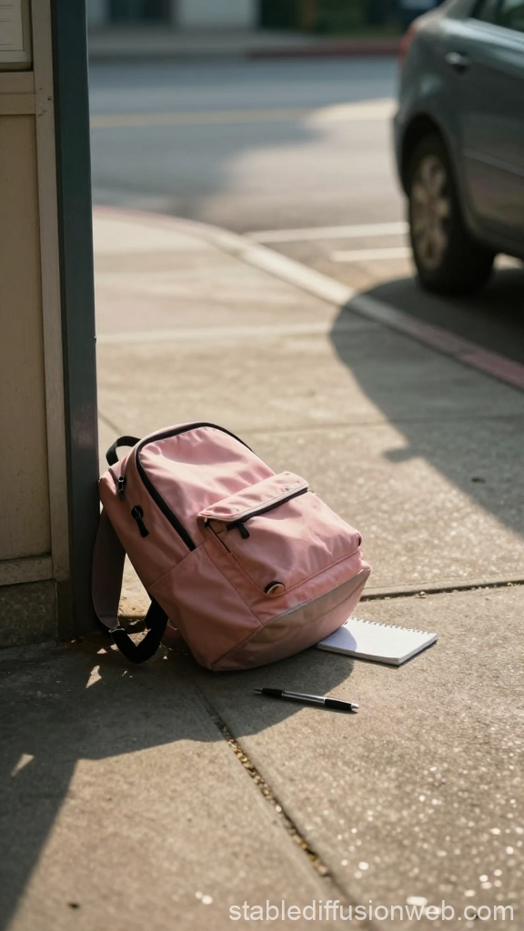 Pink Backpack Left on Sidewalk with Notebook and Pen