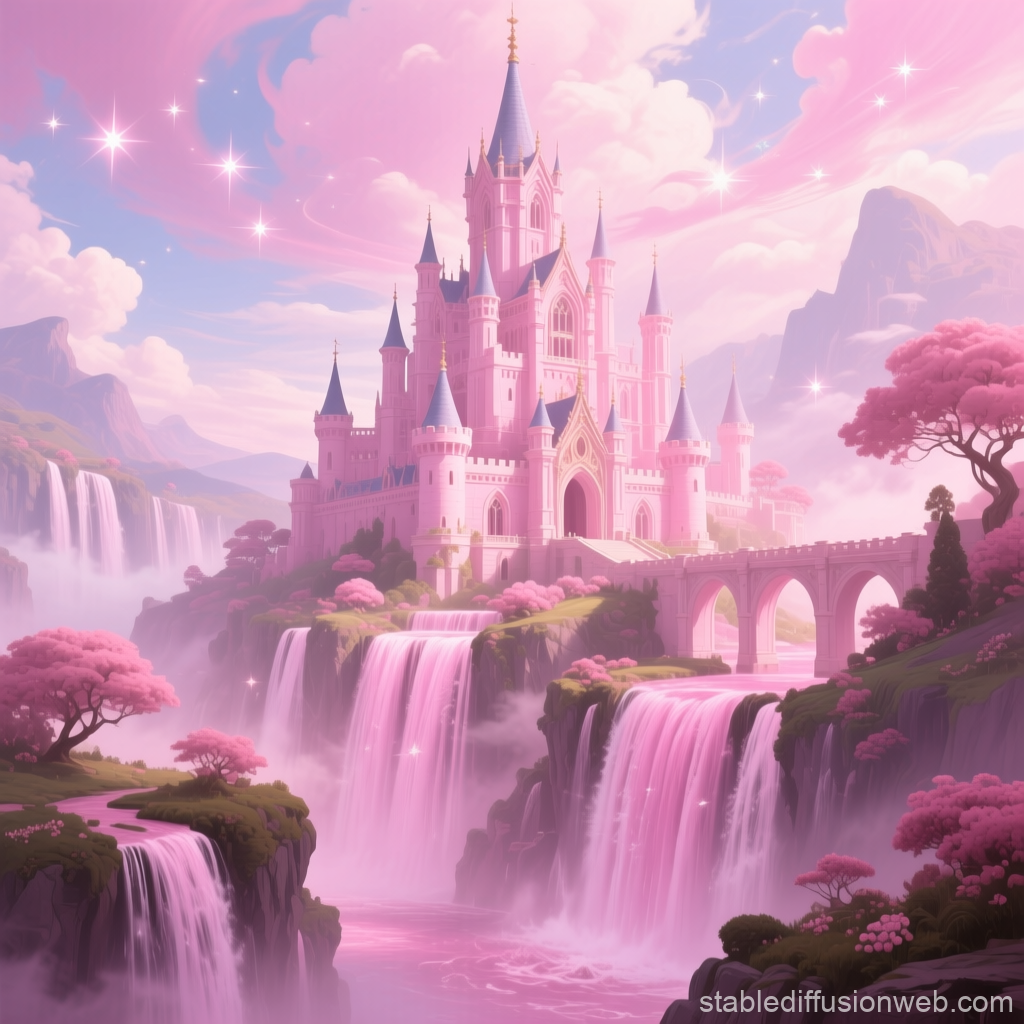 Pink Dream Castle with Waterfalls and Sparkling Sky