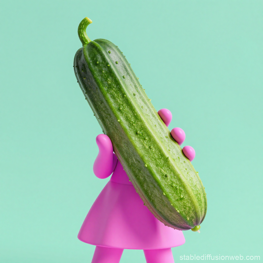 Pink Figurine Holding a Large Fresh Cucumber
