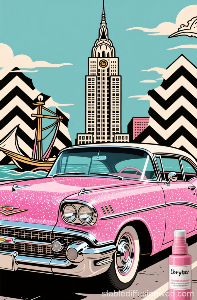Pink Glitter Classic Car with Cityscape and Sailboat