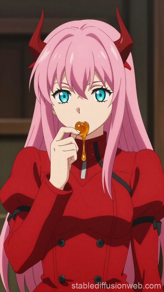 Pink-Haired Anime Girl Eating Honey