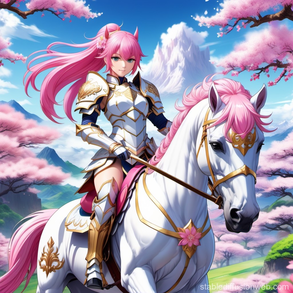 Pink-Haired Anime Knight on White Horse Amid Cherry Blossoms