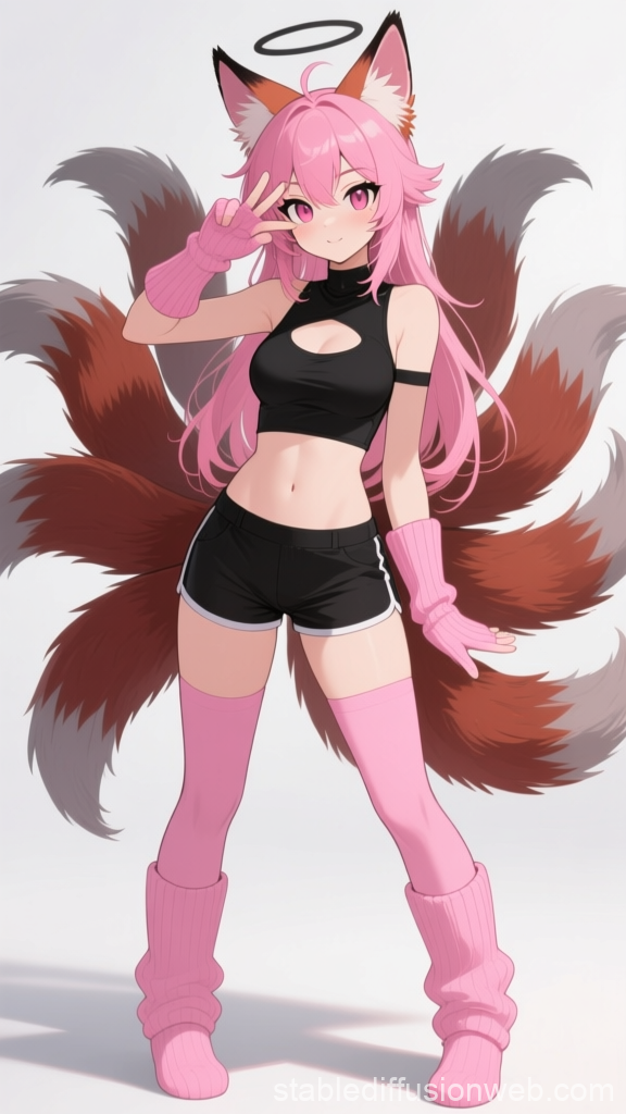 Pink-Haired Kitsune Girl with Multiple Tails in Sporty Outfit