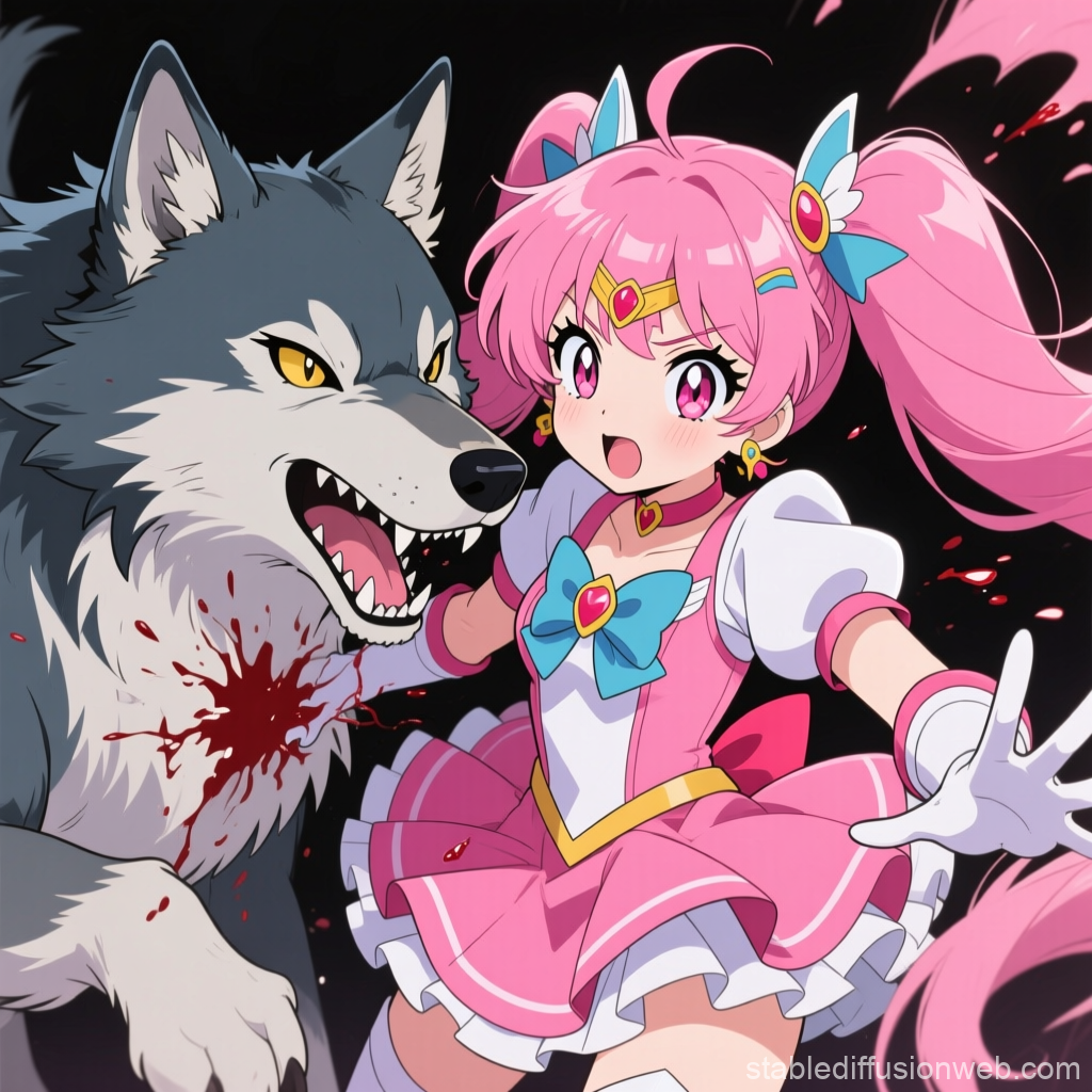 Pink-Haired Magical Girl Battling a Fierce Wolf