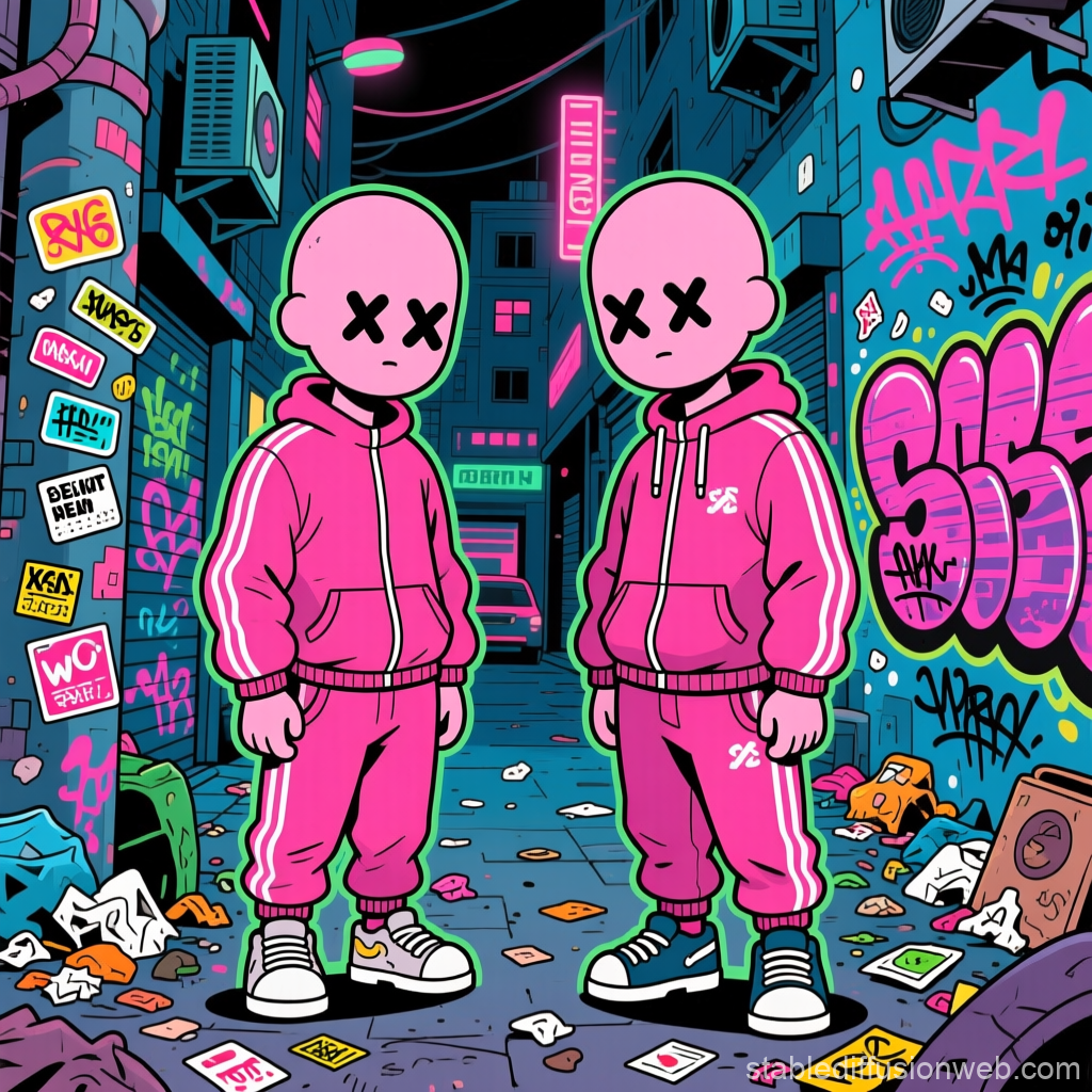 Pink Hooded Characters in Neon Graffiti Alley