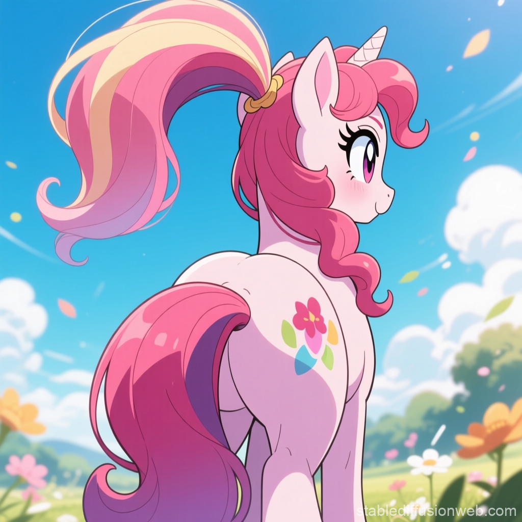 Pink Unicorn Pony with Colorful Tail in Sunny Meadow
