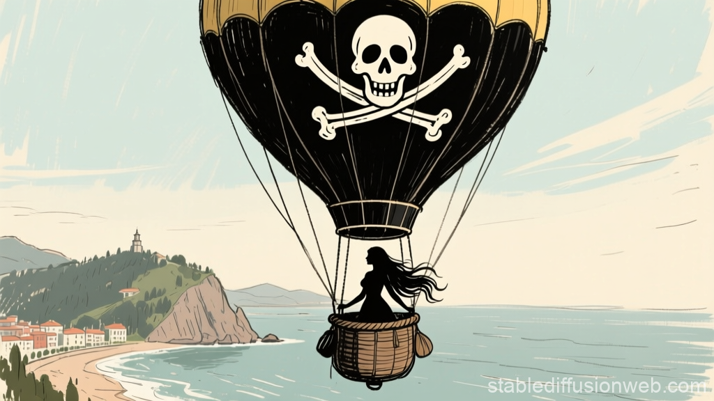 Pirate Balloon with Woman Silhouette Over Coastal Town