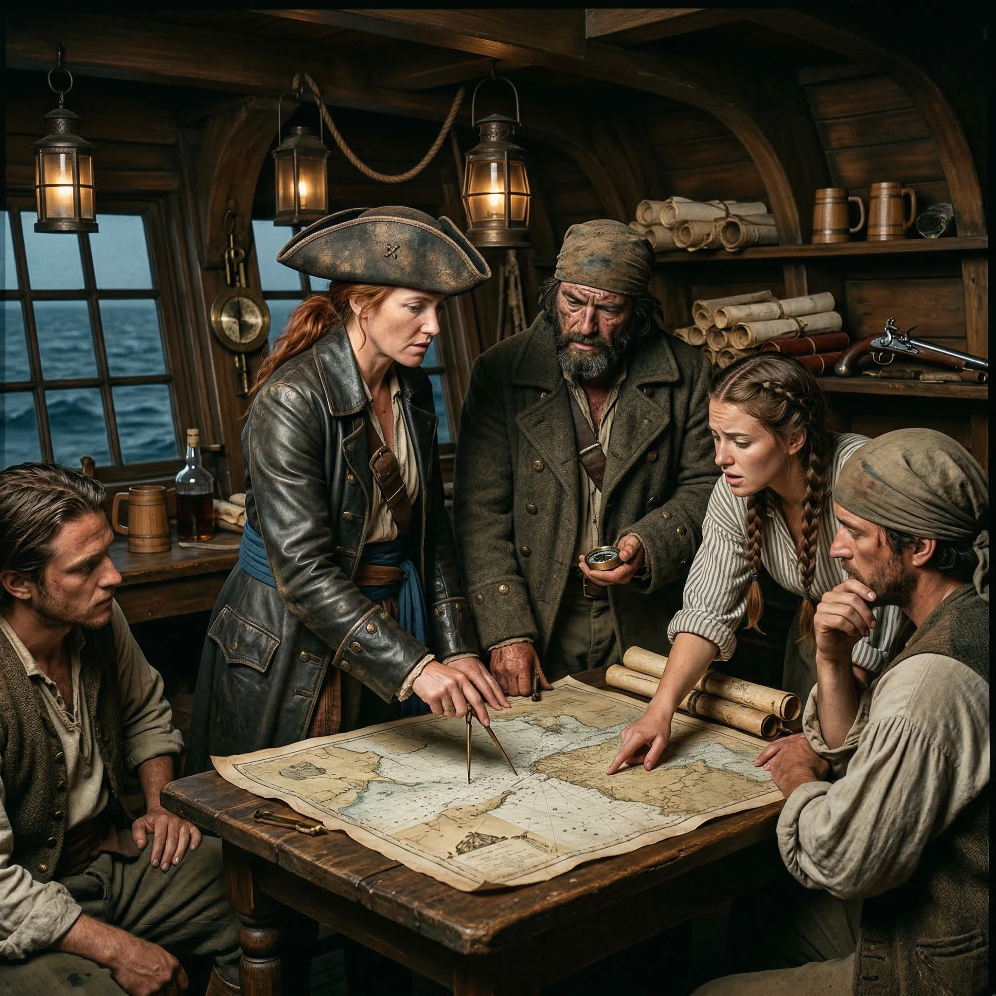 Pirate Captains Strategizing Over Nautical Map