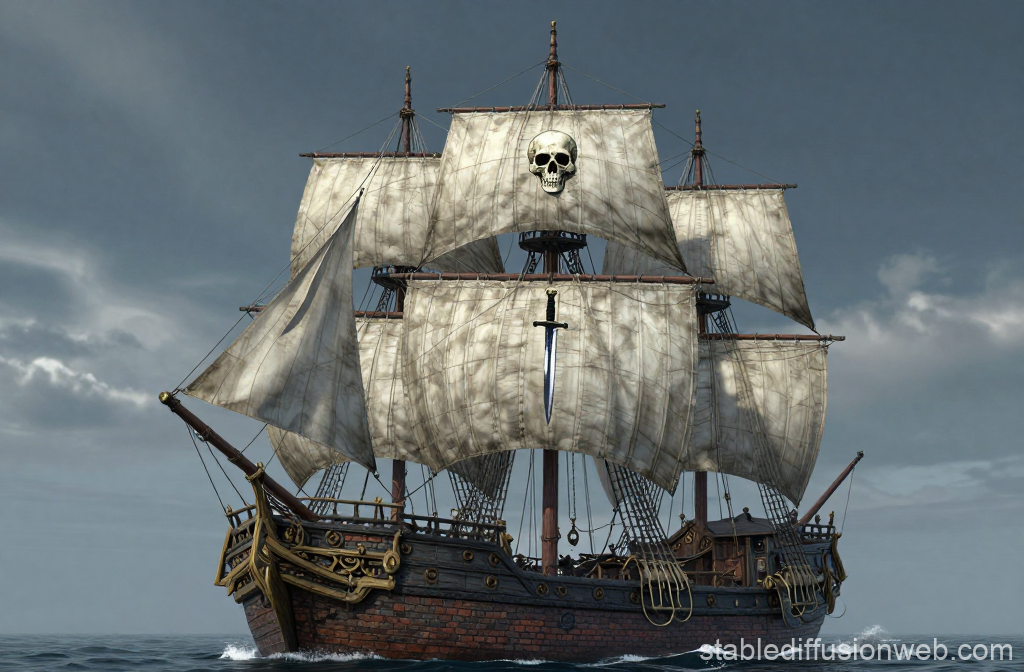 Pirate Ship with Skull and Sword on Sails