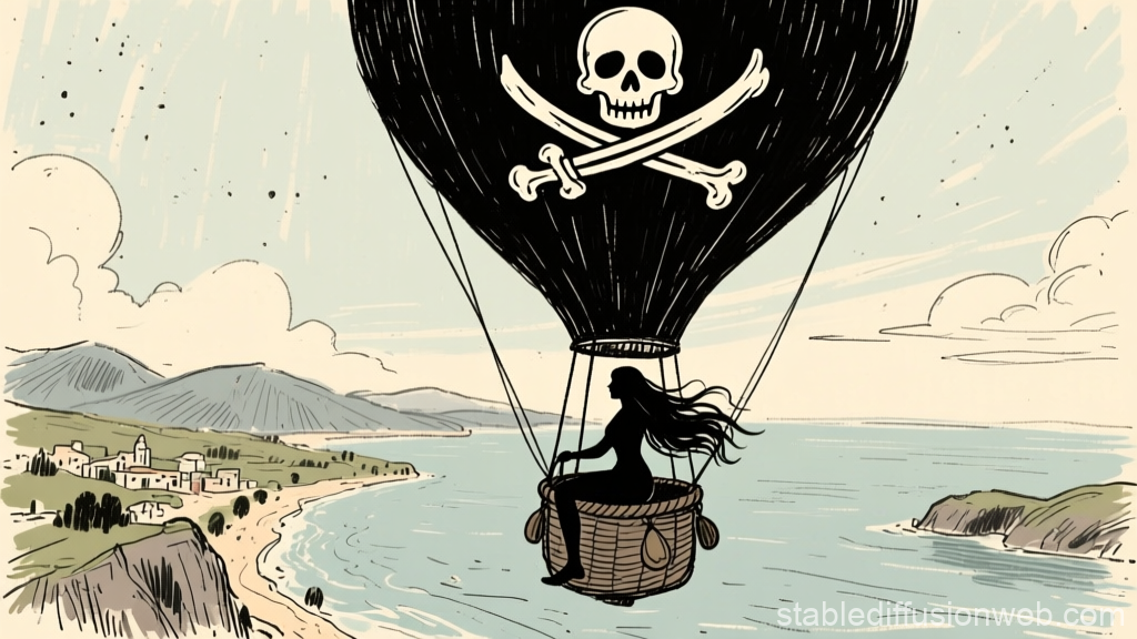 Pirate Woman Flying in a Hot Air Balloon with Skull and Crossbones