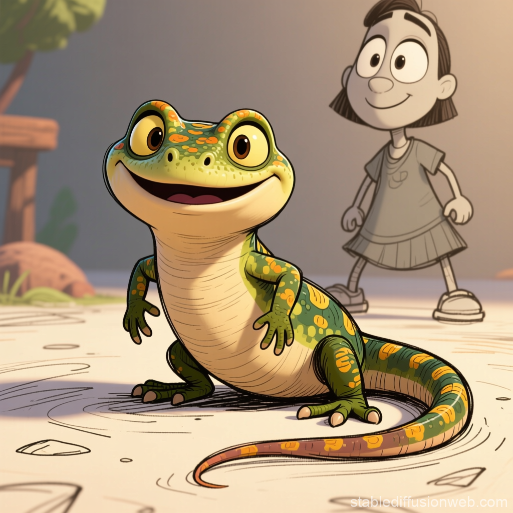 Pixar-Style Cheerful Salamander with Cartoon Girl Sketch