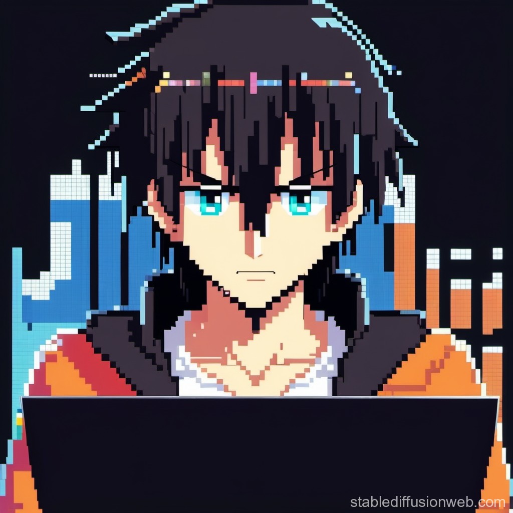 Pixel Art Anime Hacker with Intense Gaze