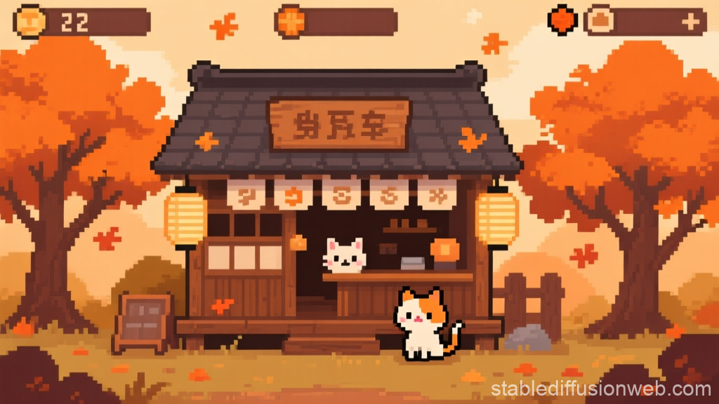 Pixel Art Autumn Cat Spirit Cafe Scene