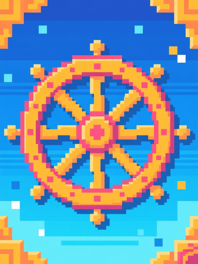 Pixel Art Bright Ship Wheel on Blue Background