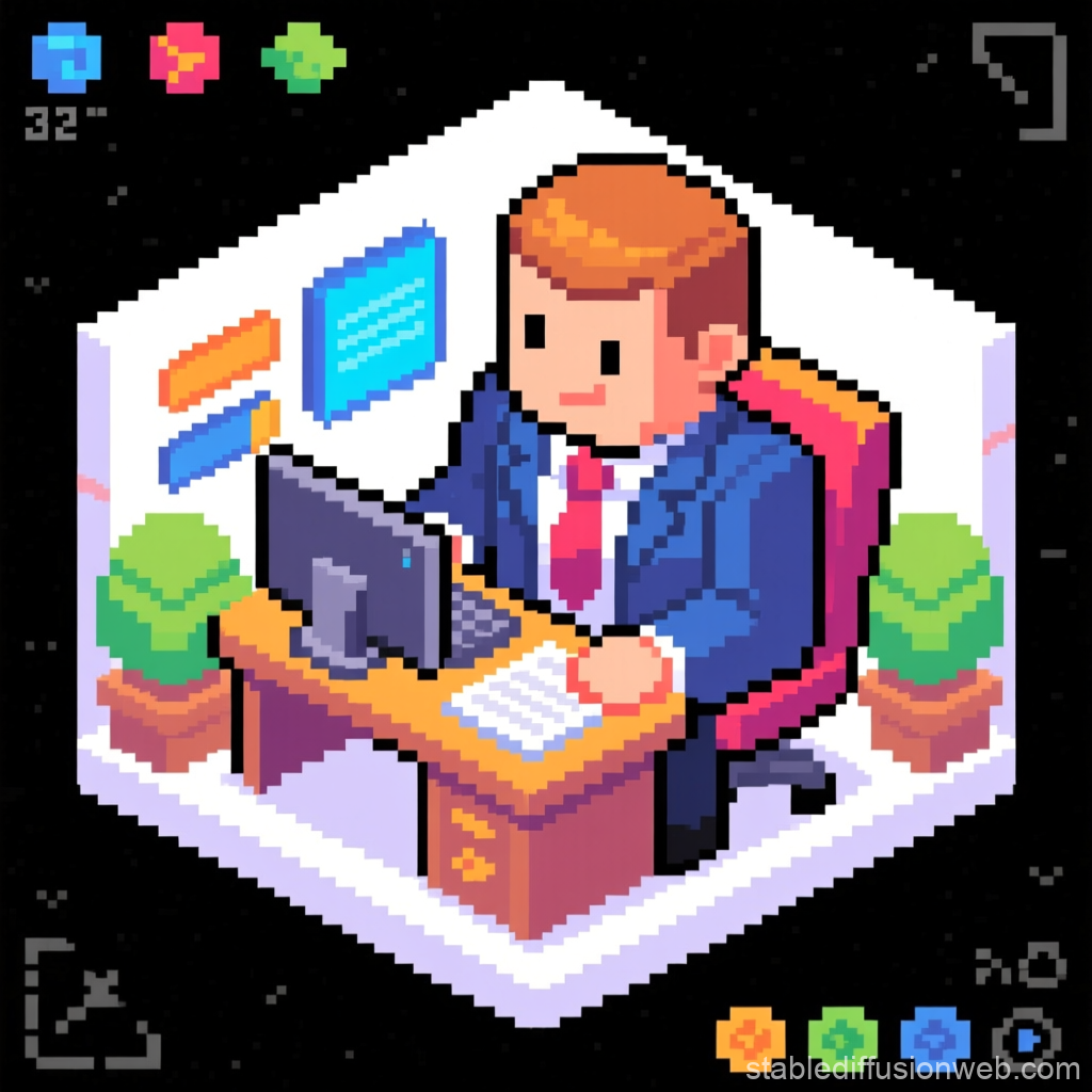 Pixel Art Business Manager at Desk
