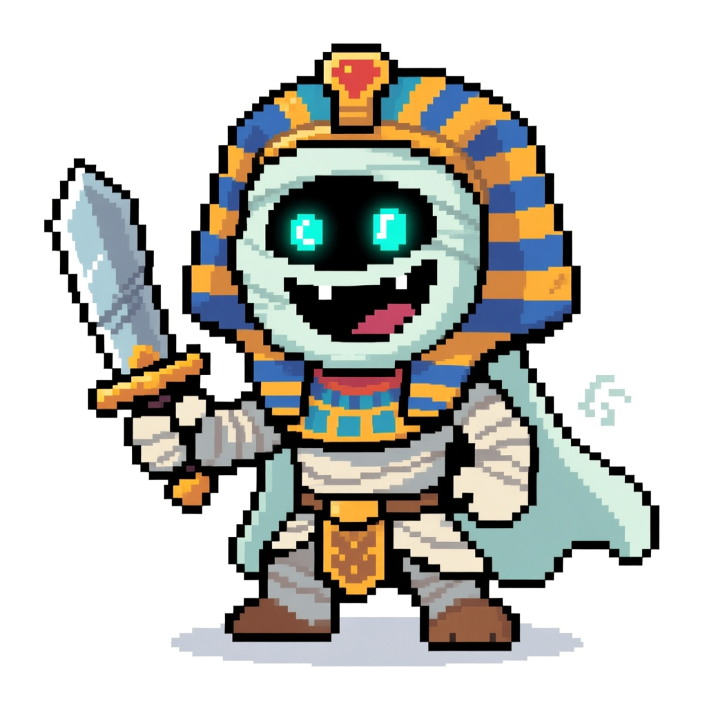 Pixel Art Cartoon Mummy Pharaoh with Sword
