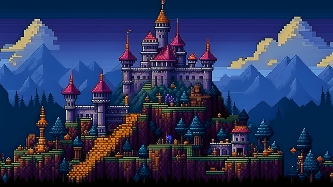 Pixel Art Castle on Mountain with Distant Peaks