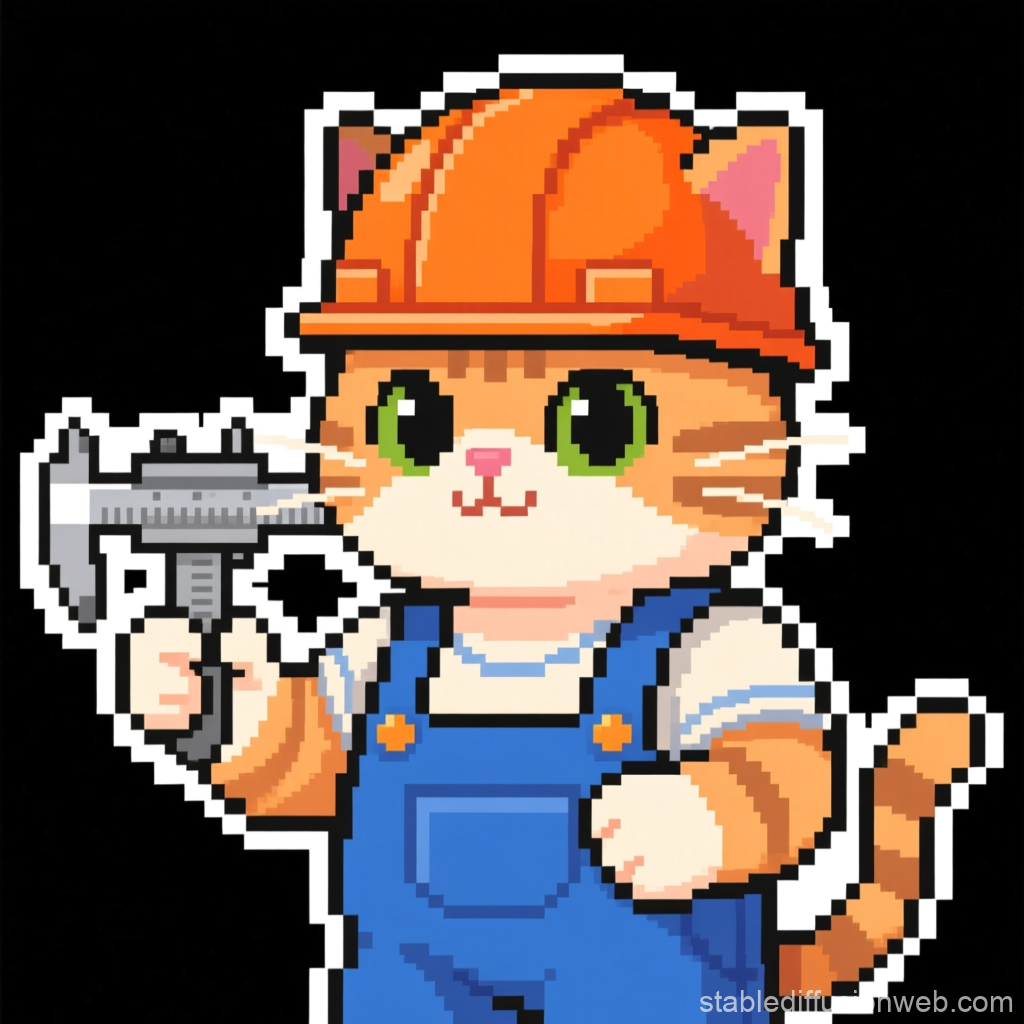 Pixel Art Cat Construction Worker with Tool