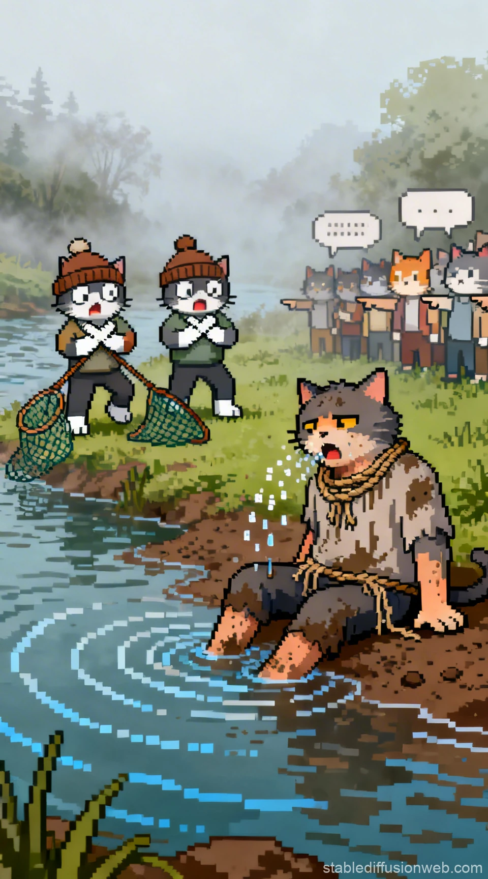 Pixel Art Cats in a River Scene with Fishermen