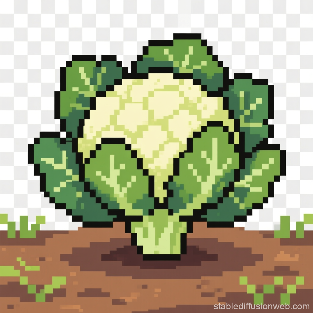 Pixel Art Cauliflower Plant Growing in Soil