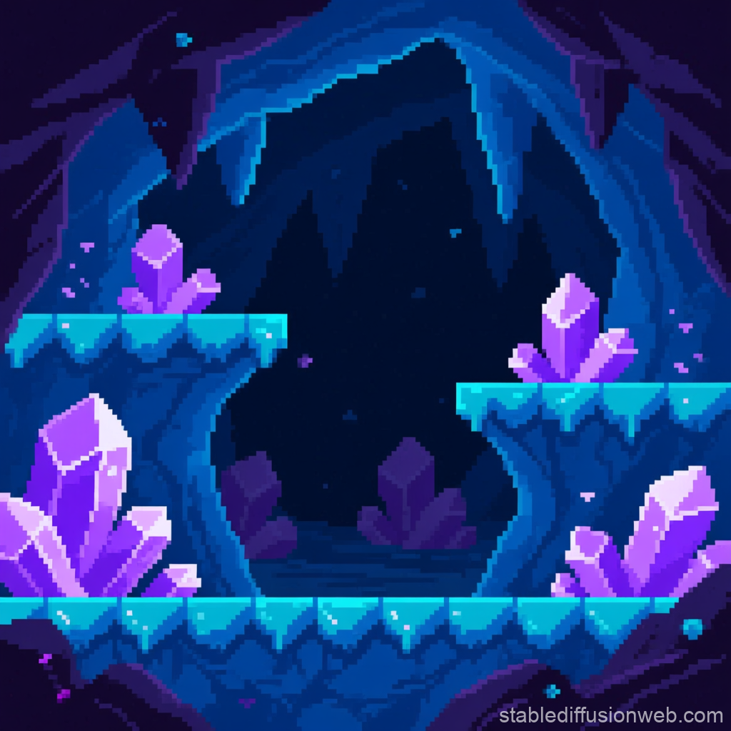Pixel Art Cave with Glowing Purple Crystals