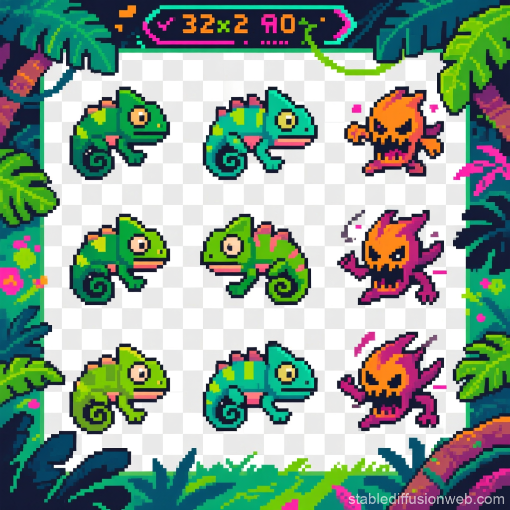 Pixel Art Chameleon and Fire Sprite Sheet