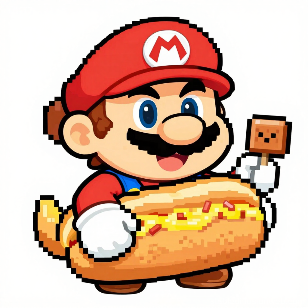 Pixel Art Character Holding a Hot Dog and Marshmallow