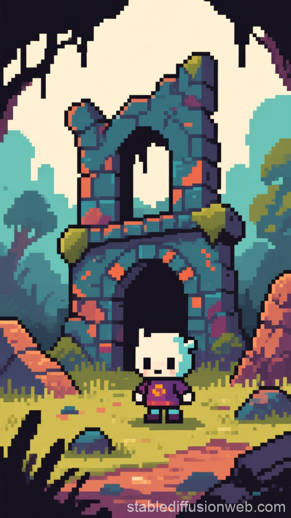 Pixel Art Character in Front of Ruined Archway
