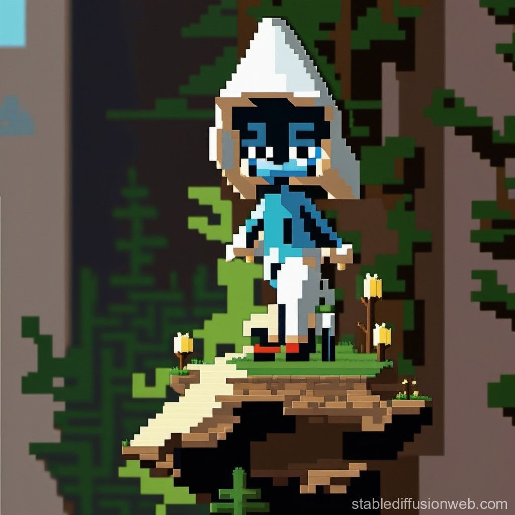 Pixel Art Character on Floating Island in Forest