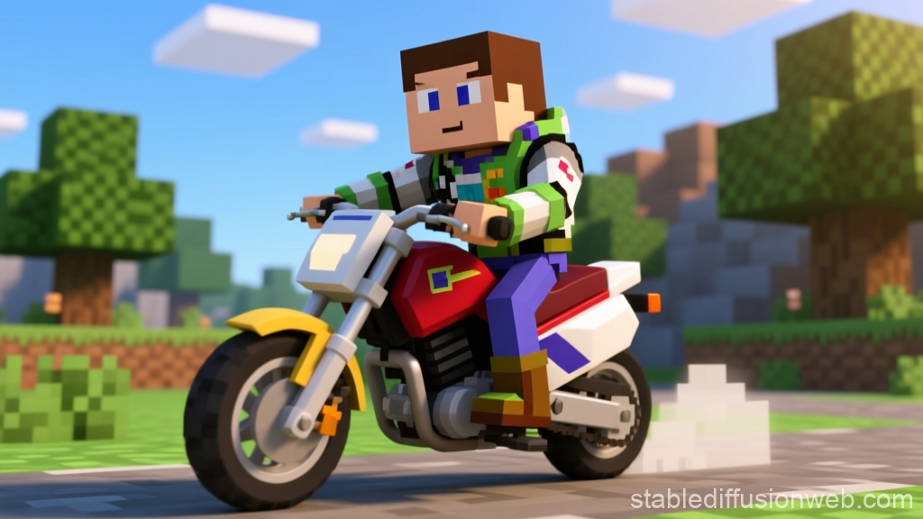 Pixel Art Character Riding a Motorbike in a Blocky Landscape