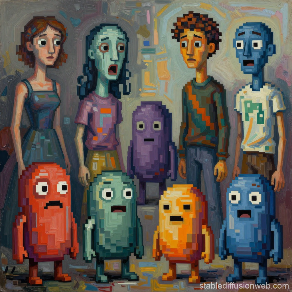 Pixel Art Characters and Humans in Oil Painting Style