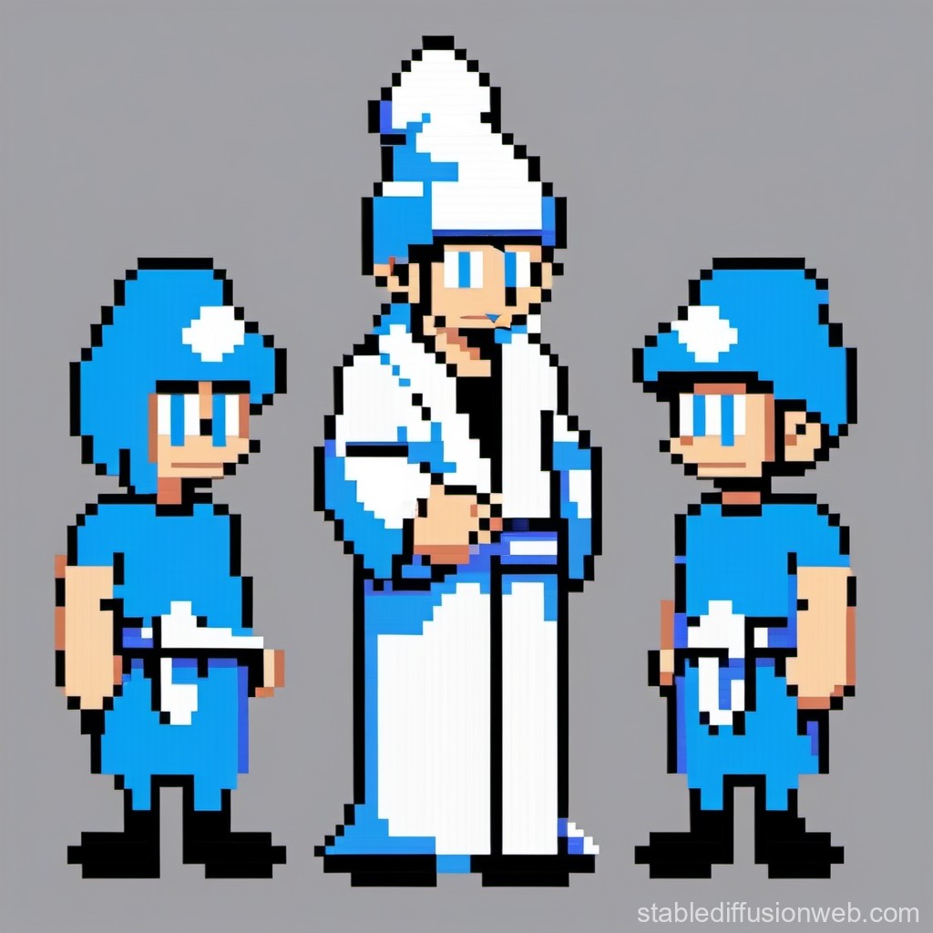 Pixel Art Characters in Blue and White Outfits