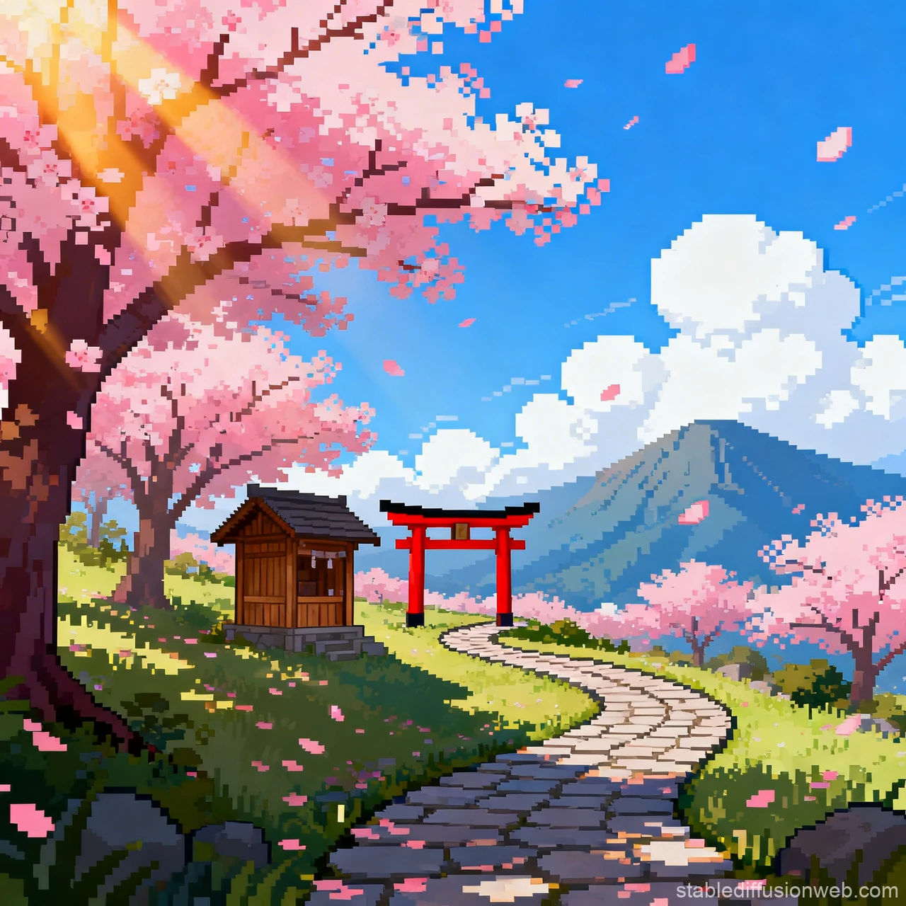 Pixel Art Cherry Blossom Path with Torii Gate and Shrine