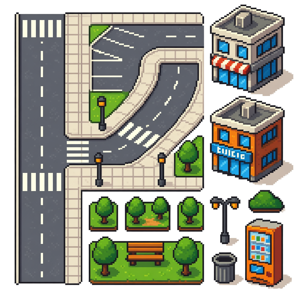 Pixel Art City Tileset with Roads, Buildings, and Park Elements