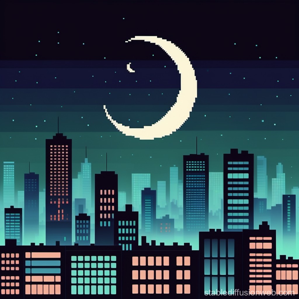 Pixel Art Cityscape with Crescent Moon at Night