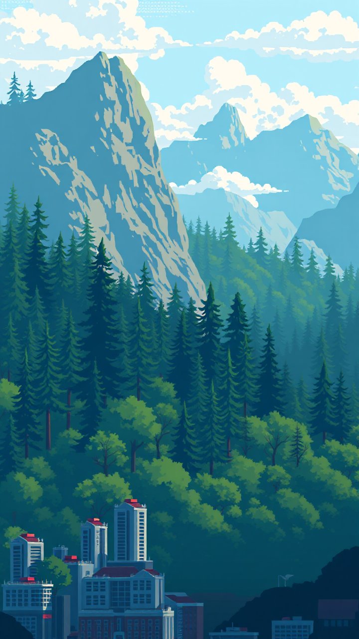 Pixel Art Cityscape with Mountain Forest Background