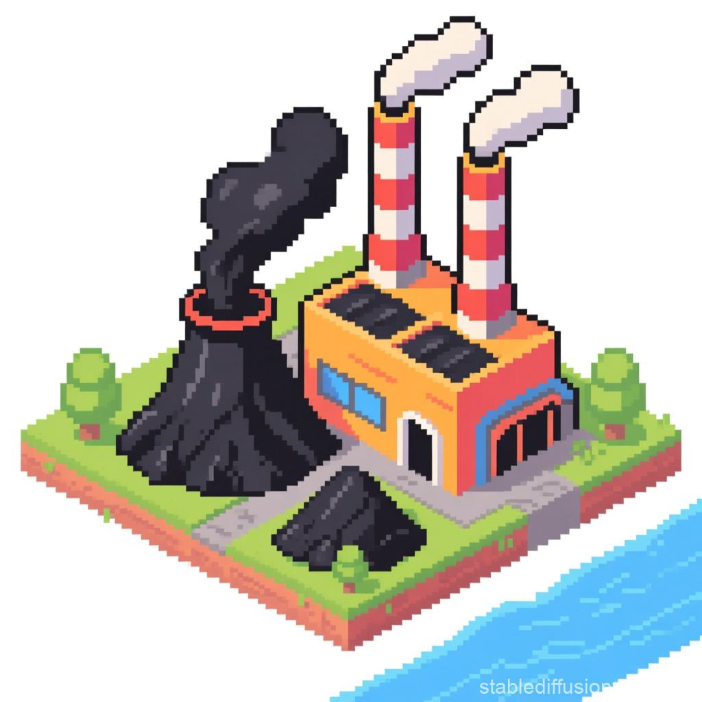 Pixel Art Coal Power Plant with Smoke Stacks