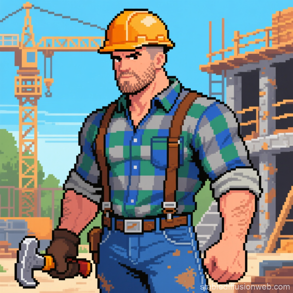 Pixel Art Construction Worker at Building Site