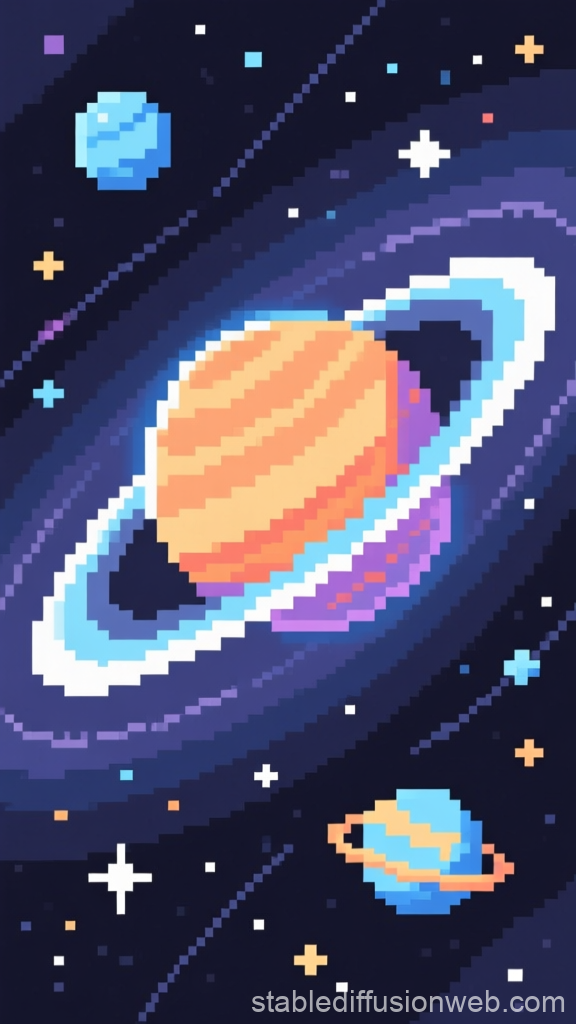 Pixel Art Cosmic Scene with Ringed Planets