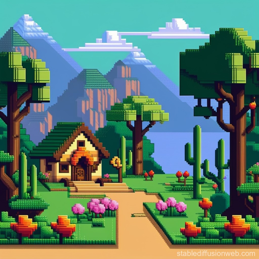 Pixel Art Cottage in a Vibrant Mountain Landscape