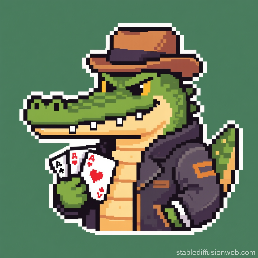 Pixel Art Crocodile Gambler with Cards and Fedora