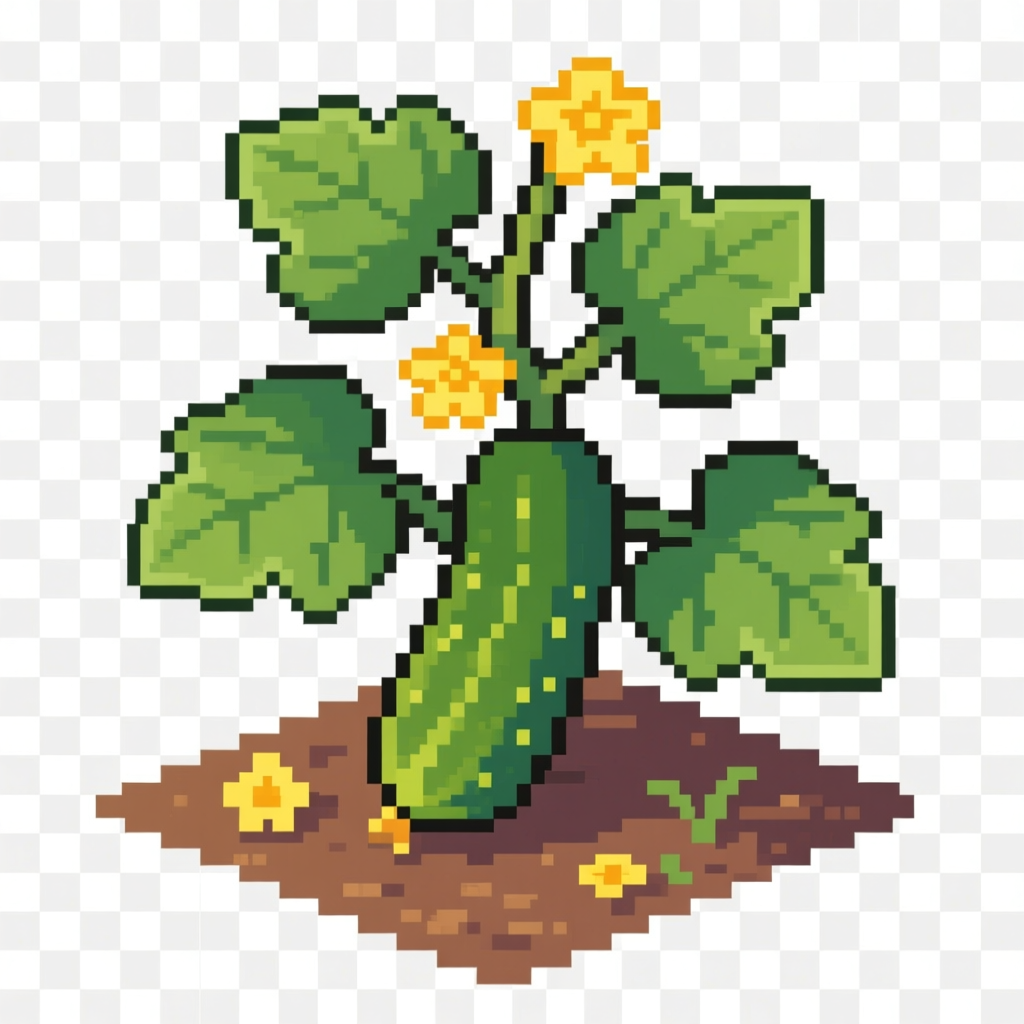 Pixel Art Cucumber Plant with Leaves and Flowers