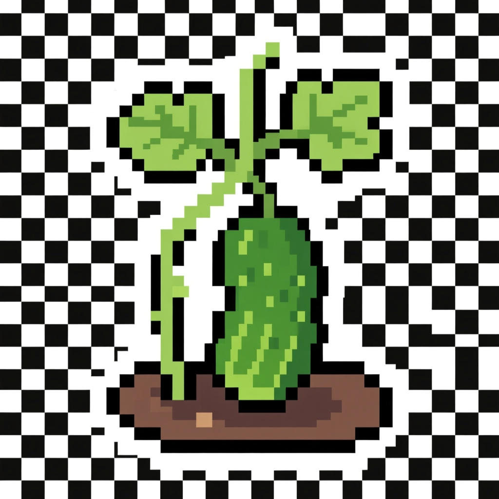 Pixel Art Cucumber Vine with Leaves and Soil