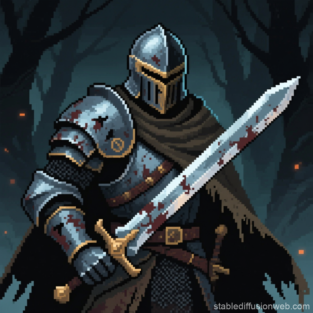 Pixel Art Dark Fantasy Knight with Bloodied Sword