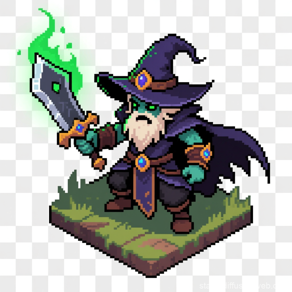 Pixel Art Dark Fantasy Wizard with Glowing Sword